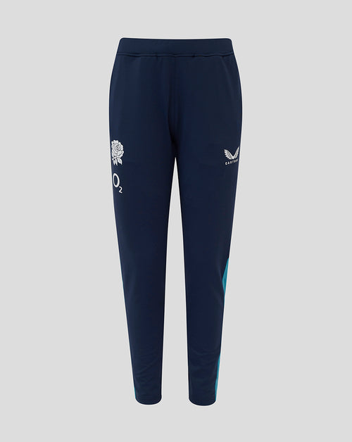 Front view of navy junior England rugby knit pants with rose crest and O2 logo on the right thigh and Castore on the left thigh