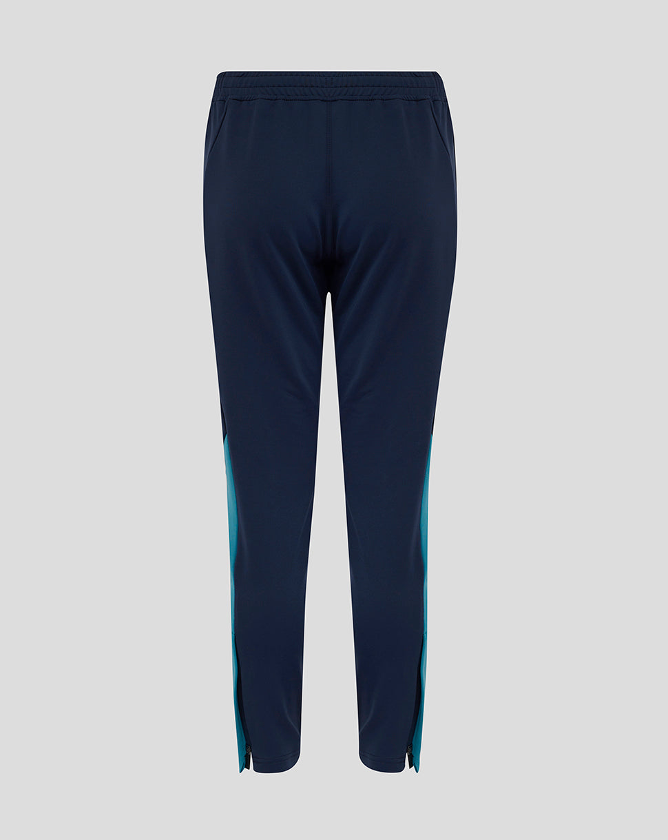 Back view of navy knit pants with elasticated waistband teal side panels and ribbed cuffs