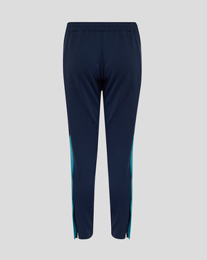 Back view of navy knit pants with elasticated waistband teal side panels and ribbed cuffs