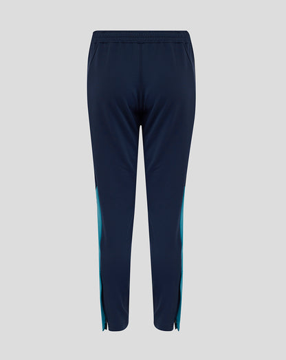 Back view of navy knit pants with elasticated waistband teal side panels and ribbed cuffs