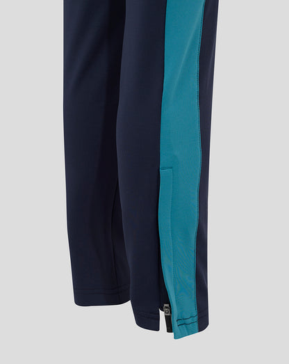 Lower leg close up of navy England rugby knit pants with teal side panel and ankle zipper