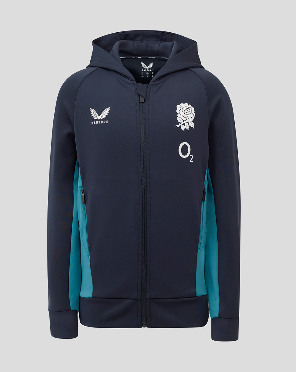 Front view of navy England Rugby Performance Hoodie with teal side panels rose crest left chest O2 logo Castore logo right chest