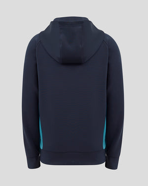 Rear view of navy junior England Rugby performance full zip hoodie with teal side panels and a three piece hood