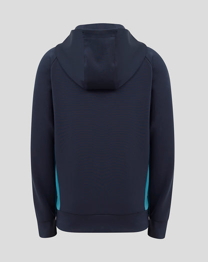 Rear view of navy junior England Rugby performance full zip hoodie with teal side panels and a three piece hood