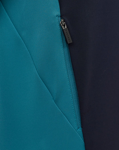 Close up of teal side panel and front zip on junior England rugby hoodie showing Castore zipper pull