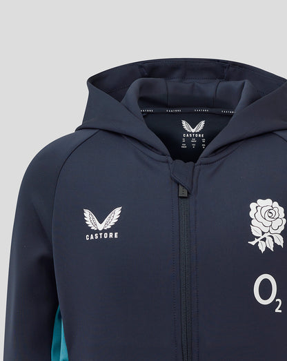 Close up of navy hoodie chest showing Castore logo left, white rose crest right, and O2 logo beneath