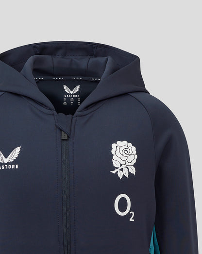 Close up of navy England rugby hoodie front showing rose crest and O2 logo with Castore branding