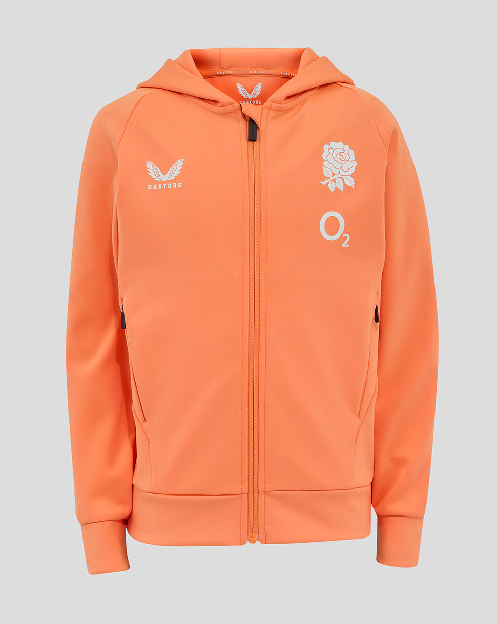 Melon colored junior England Rugby performance full zip hoodie with three piece hood and crest on chest
