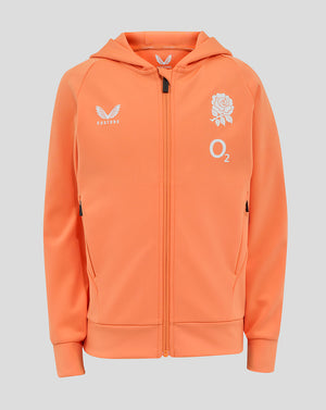 Melon colored junior England Rugby performance full zip hoodie with three piece hood and crest on chest