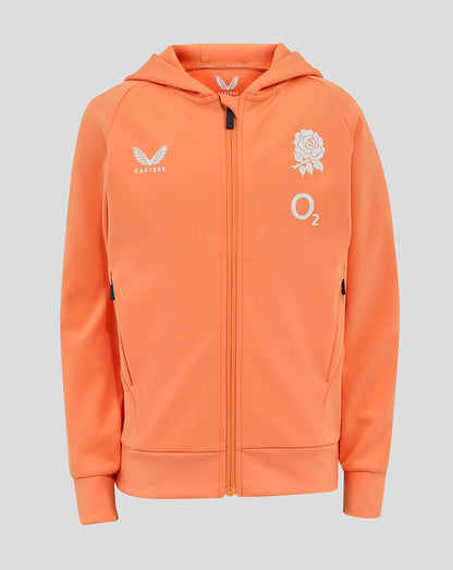 Melon colored junior England Rugby performance full zip hoodie with three piece hood and crest on chest
