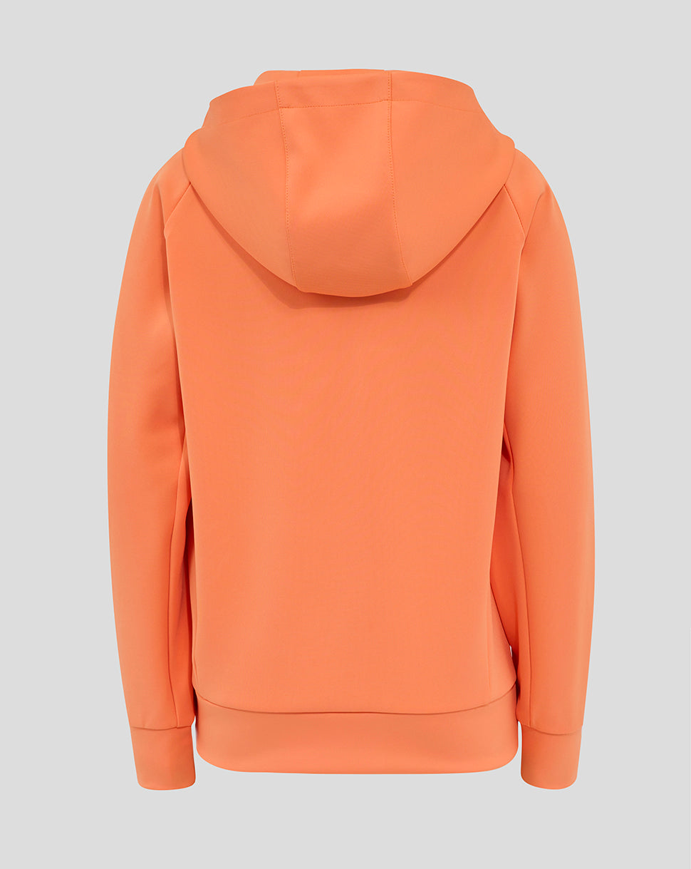 Back view of bright orange junior England Rugby hoodie showing the attached hood
