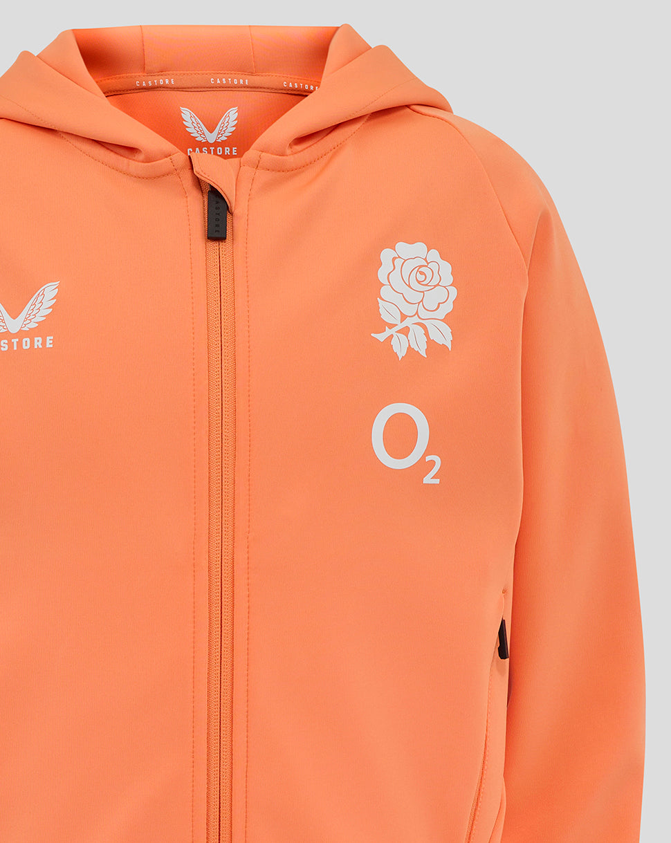 Close up of orange Junior England rugby hoodie with front zip and chest logos including rose crest O2 and Castore