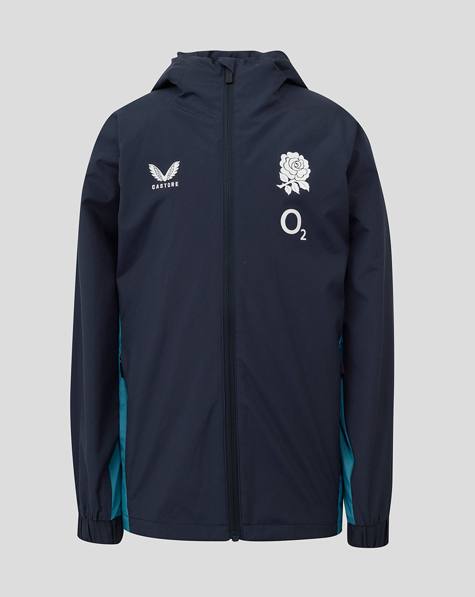 Front view of navy junior England rugby performance shower jacket with rose crest on the chest and O2 and Castore branding