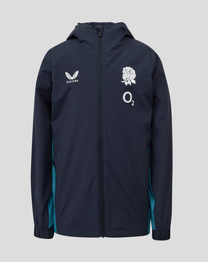 Front view of navy junior England rugby performance shower jacket with rose crest on the chest and O2 and Castore branding