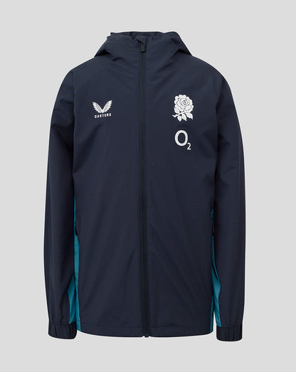 Front view of navy junior England rugby performance shower jacket with rose crest on the chest and O2 and Castore branding
