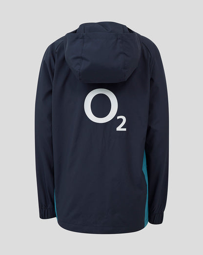 Back view of navy junior England rugby shower jacket with large O2 logo on the back and teal side panels