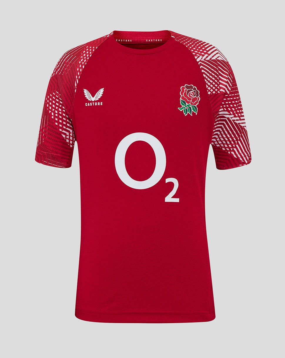 Front view of red England Rugby Junior pre match short sleeve shirt with O2 sponsor and rose crest.