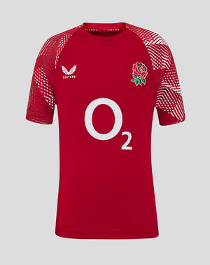 Front view of red England Rugby Junior pre match short sleeve shirt with O2 sponsor and rose crest.