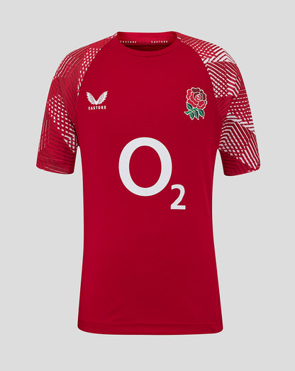 Front view of red England Rugby Junior pre match short sleeve shirt with O2 sponsor and rose crest.