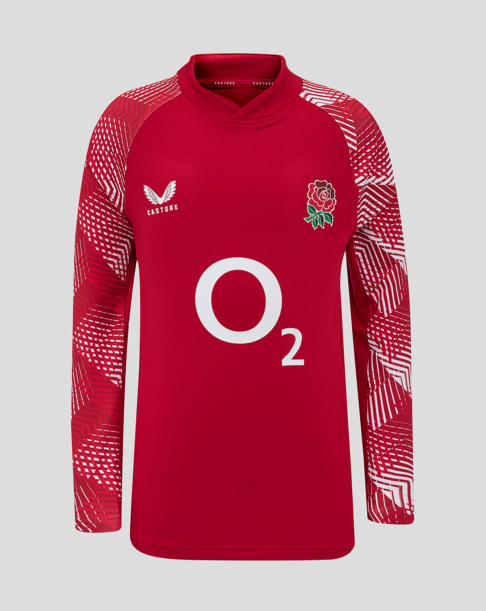 England Rugby junior pre match drill top in red with geometric patterned sleeves and rose crest.