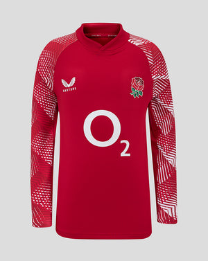 England Rugby junior pre match drill top in red with geometric patterned sleeves and rose crest.