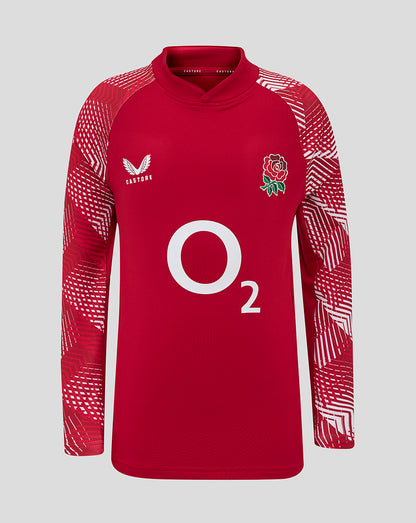 England Rugby junior pre match drill top in red with geometric patterned sleeves and rose crest.