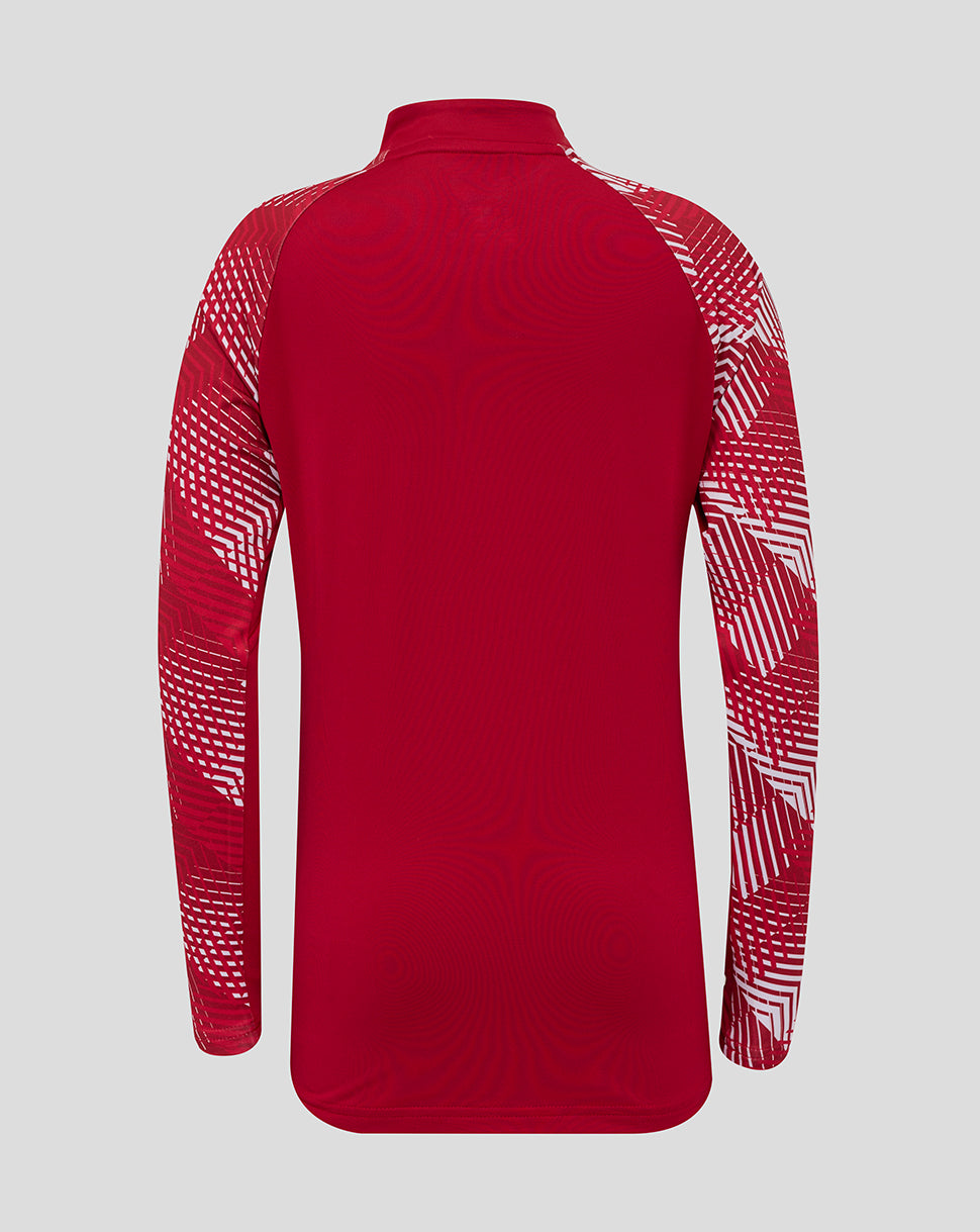 Back view of England Rugby junior pre match drill top in red with patterned sleeves.