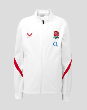 White England rugby anthem jacket with Rose crest on chest Castore logo on left chest and O2 logo on front with red sleeve stripe.