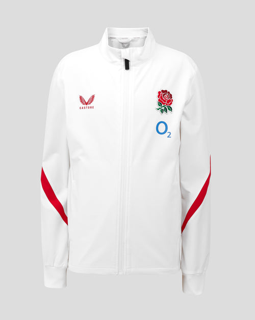 White England rugby anthem jacket with Rose crest on chest Castore logo on left chest and O2 logo on front with red sleeve stripe.