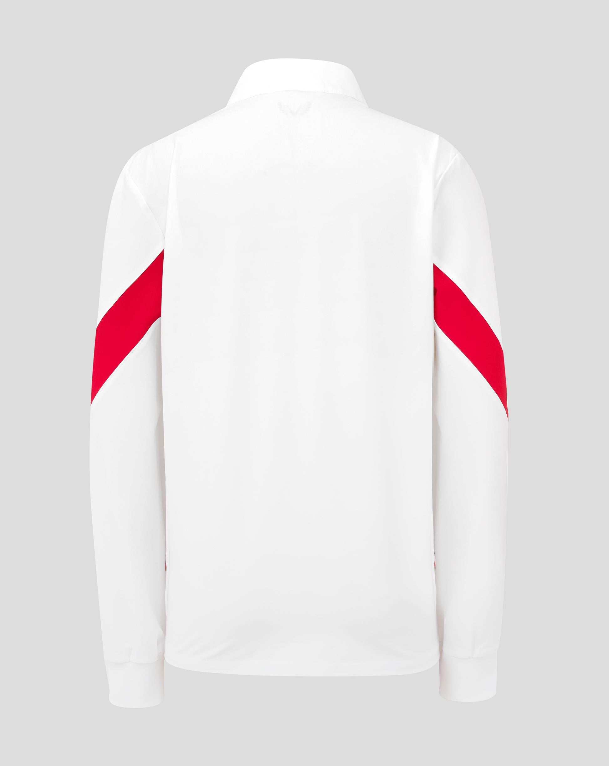 Back view of white England Rugby Anthem Jacket with red diagonal sleeve stripes against a gray background