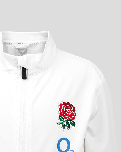 Front view of white England Rugby Junior Anthem Jacket featuring red rose crest on the chest and an O2 logo