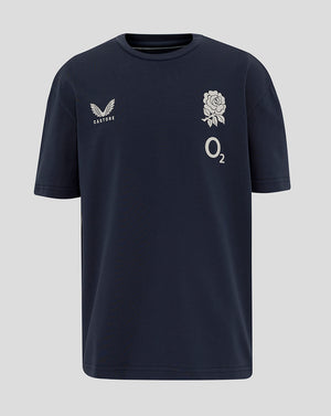 Front view of navy Inkwell Junior England Rugby travel short sleeve T shirt with rose crest and Castore logo.