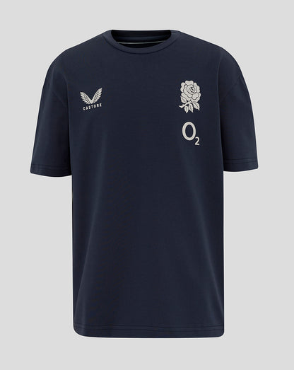 Front view of navy Inkwell Junior England Rugby travel short sleeve T shirt with rose crest and Castore logo.