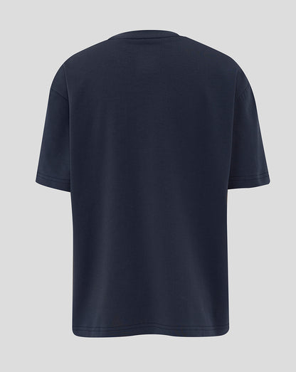Front view of navy travel T shirt with rose crest and Castore branding on the chest.