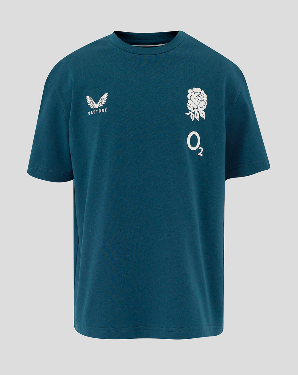 Junior England Rugby travel short sleeve T shirt in Reflecting Pond blue with rose crest on the left chest and O2 logo.