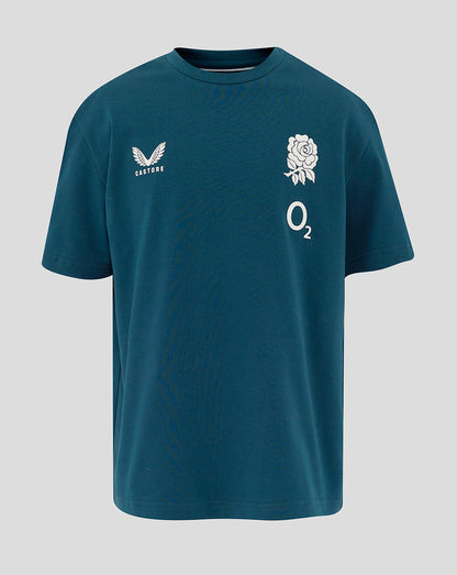 Junior England Rugby travel short sleeve T shirt in Reflecting Pond blue with rose crest on the left chest and O2 logo.