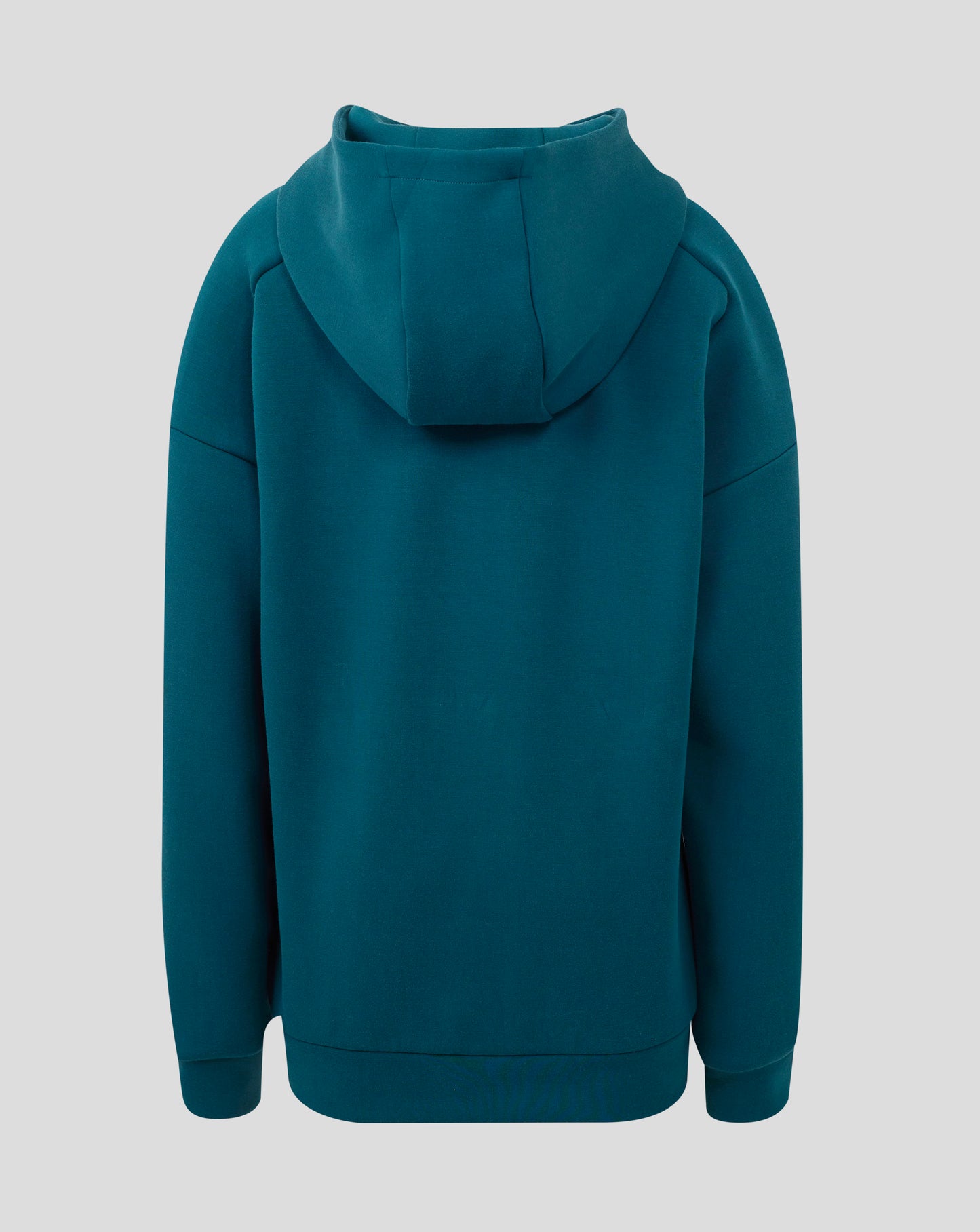 Back view of teal England Rugby Junior Travel Hoodie highlighting hood and neckline