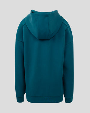 Back view of teal England Rugby Junior Travel Hoodie highlighting hood and neckline