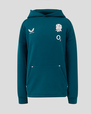 Front view of teal England Rugby Junior Travel Hoodie showing white rose crest and O2 logo
