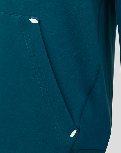 Teal hoodie pocket close up with small white hexagonal accents and precise seam details.