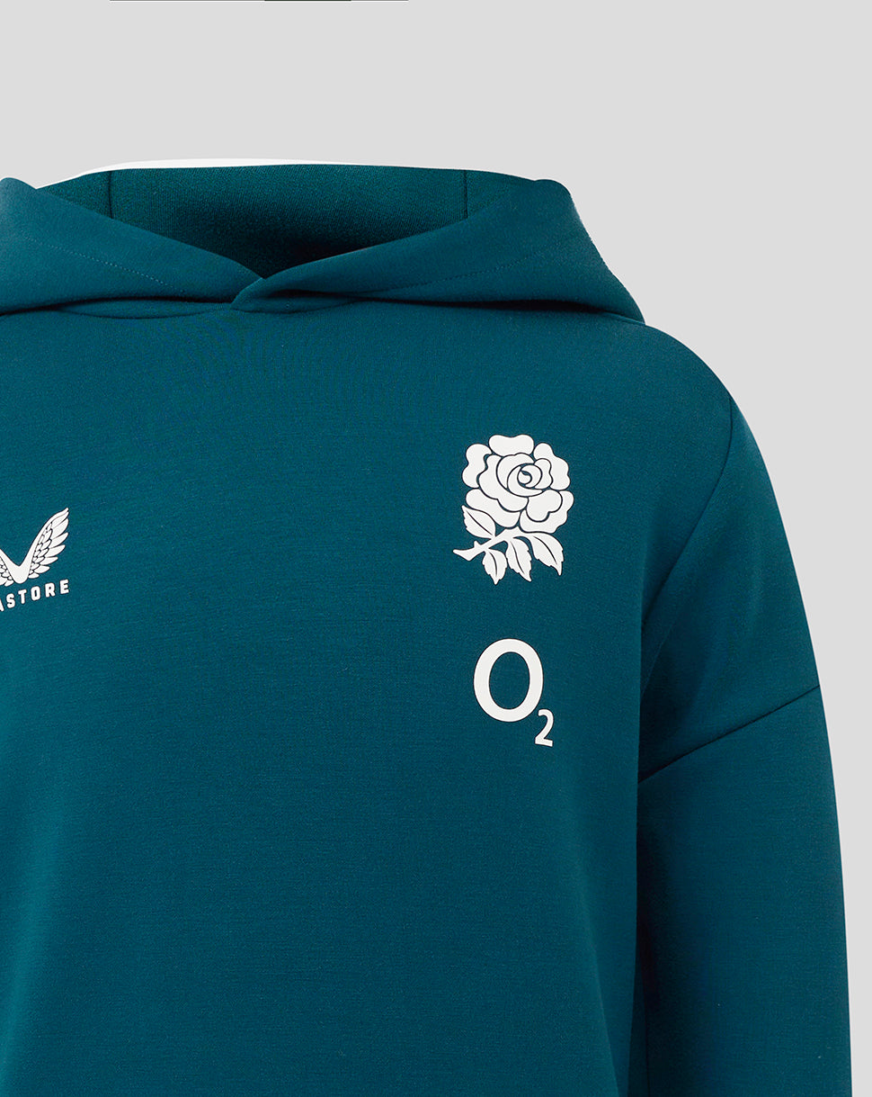 Teal England Rugby Junior Travel Hoodie shown from the front with a white rose emblem and O2 branding.