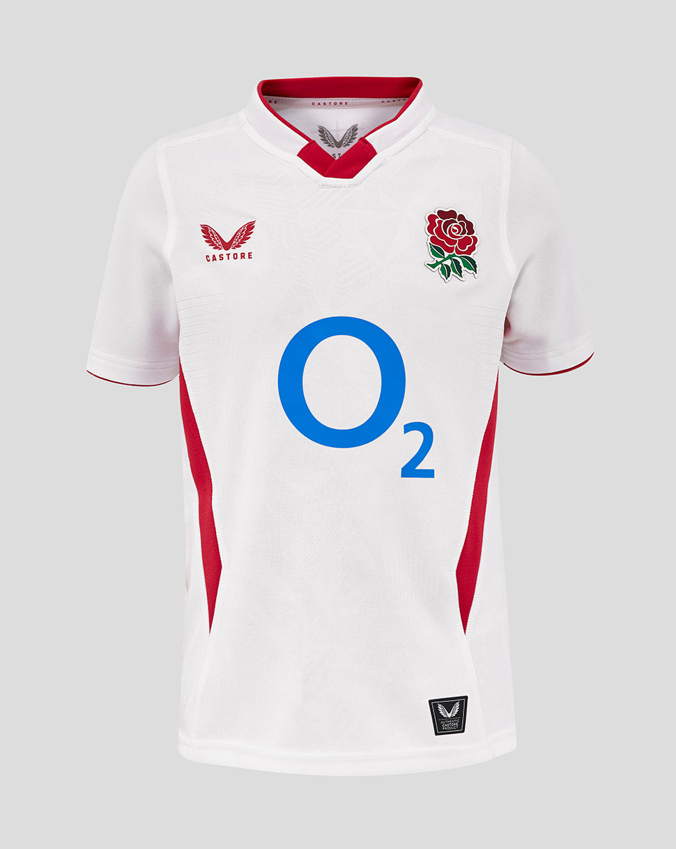 Front view of the white Junior England Rugby Home Pro Shirt with red trim, rose crest on chest and large O2 logo