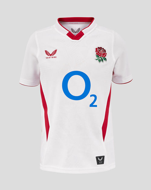 Front view of the white Junior England Rugby Home Pro Shirt with red trim, rose crest on chest and large O2 logo