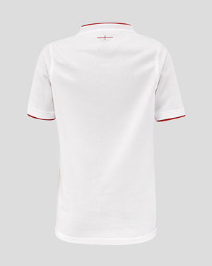 Back view of the white Junior England Rugby Home Pro Shirt showing red collar trim and red sleeve edging