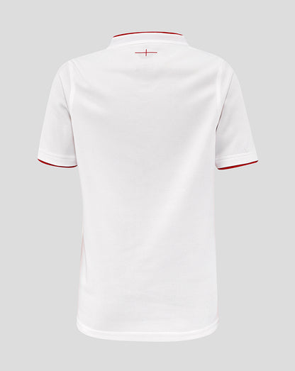 Back view of the white Junior England Rugby Home Pro Shirt showing red collar trim and red sleeve edging