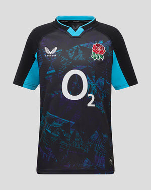 Front view of England Rugby 25/26 Alternate Pro Shirt Junior in black with electric blue sleeves, geometric blue pattern, white O2 sponsor, and rose crest on chest.