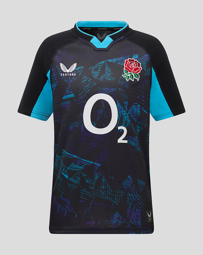 Front view of England Rugby 25/26 Alternate Pro Shirt Junior in black with electric blue sleeves, geometric blue pattern, white O2 sponsor, and rose crest on chest.