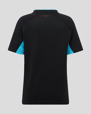 Back view of England Rugby 25/26 Alternate Pro Shirt Junior in black with turquoise sleeve panels and a small red detail at the upper back.
