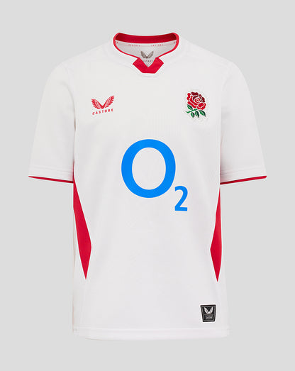Front view of white junior England rugby home shirt with red trim, rose crest on chest, and blue O2 logo