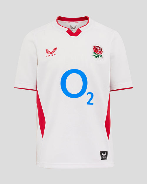 Front view of white junior England rugby home shirt with red trim, rose crest on chest, and blue O2 logo